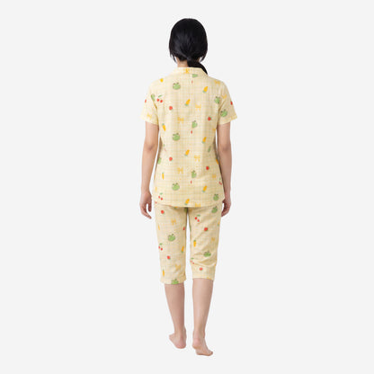 Women's Printed Shirt & Capri Night Suit Set (Oyster)