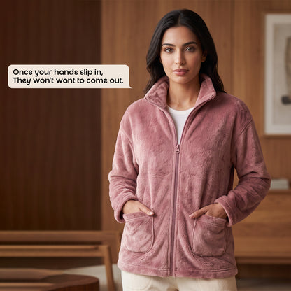 Bonjour Women’s 100 % polyester Winter Fleece Jacket | Soft Lightweight Warm Loungewear | Full-Zip Stand Collar.
