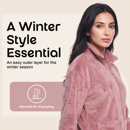 Bonjour Women’s 100 % polyester Winter Fleece Jacket | Soft Lightweight Warm Loungewear | Full-Zip Stand Collar.