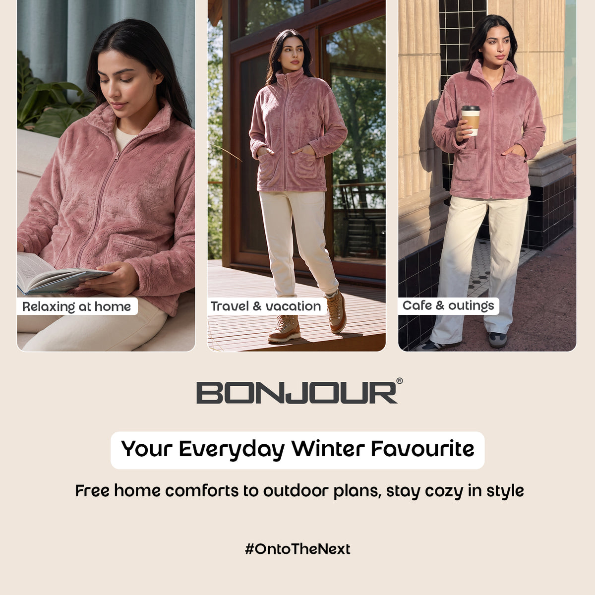 Bonjour Women’s 100 % polyester Winter Fleece Jacket | Soft Lightweight Warm Loungewear | Full-Zip Stand Collar.