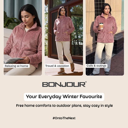 Bonjour Women’s 100 % polyester Winter Fleece Jacket | Soft Lightweight Warm Loungewear | Full-Zip Stand Collar.