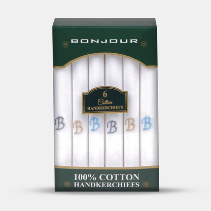 Men's White Cotton Handkerchief With Alphabetical Initial - Pack Of 6
