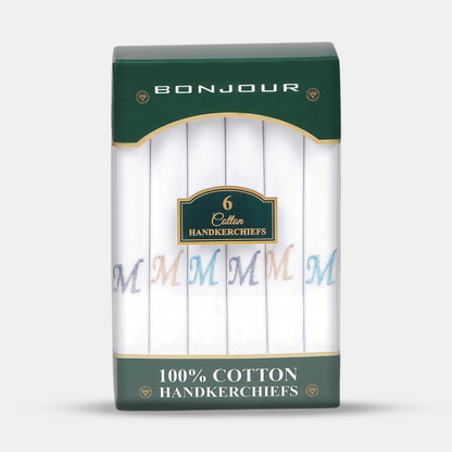 Men's White Cotton Handkerchief With Alphabetical Initial - Pack Of 6