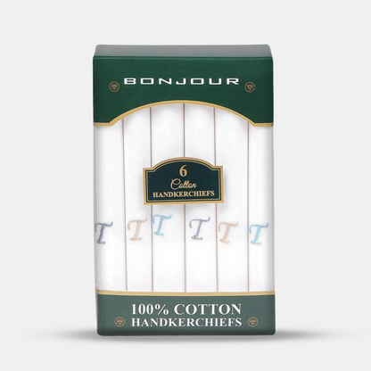 Men's White Cotton Handkerchief With Alphabetical Initial - Pack Of 6
