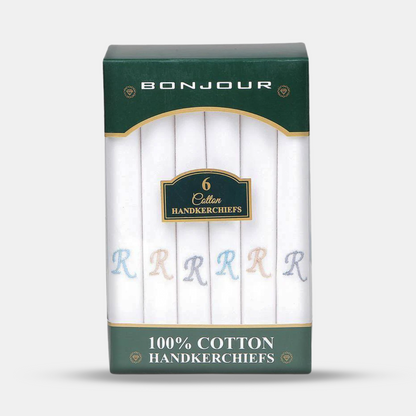 Men's White Cotton Handkerchief With Alphabetical Initial - Pack Of 6