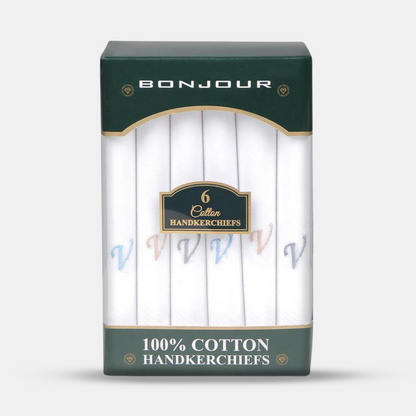 Men's White Cotton Handkerchief With Alphabetical Initial - Pack Of 6