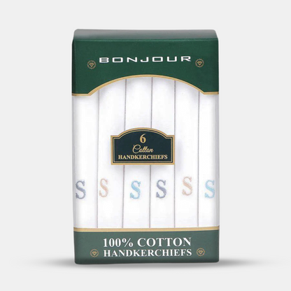 Men's White Cotton Handkerchief With Alphabetical Initial - Pack Of 6