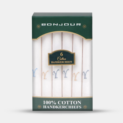 Men's White Cotton Handkerchief With Alphabetical Initial - Pack Of 6