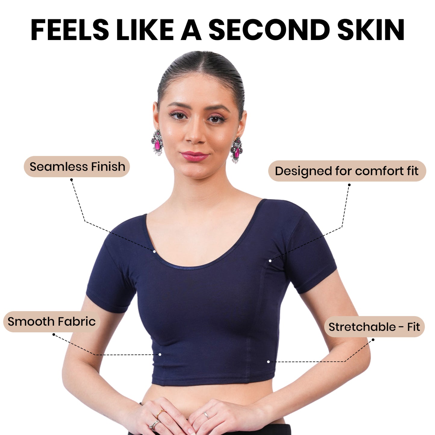 Vami Women's Cotton Stretchable Readymade Blouses - Navy