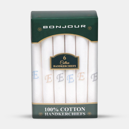 Men's White Cotton Handkerchief With Alphabetical Initial - Pack Of 6