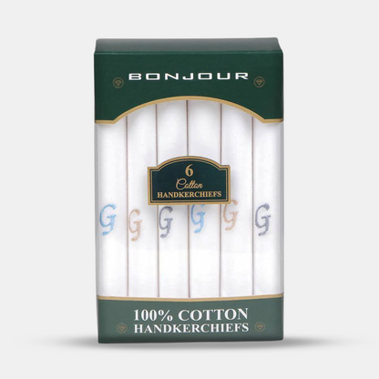 Men's White Cotton Handkerchief With Alphabetical Initial - Pack Of 6