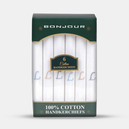 Men's White Cotton Handkerchief With Alphabetical Initial - Pack Of 6
