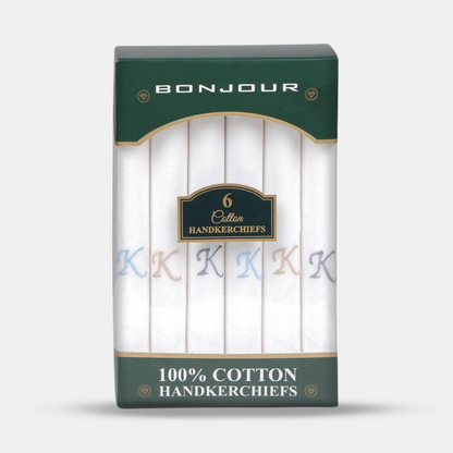 Men's White Cotton Handkerchief With Alphabetical Initial - Pack Of 6