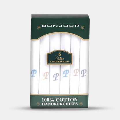 Men's White Cotton Handkerchief With Alphabetical Initial - Pack Of 6