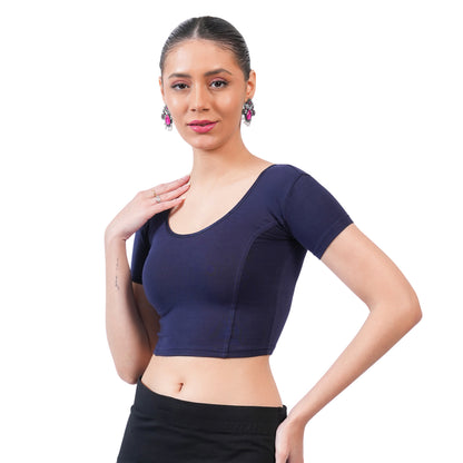 Vami Women's Cotton Stretchable Readymade Blouses - Navy