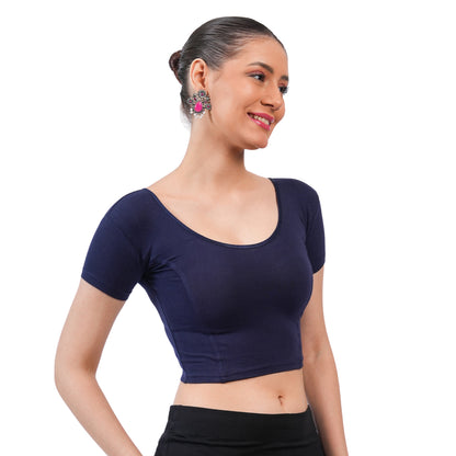 Vami Women's Cotton Stretchable Readymade Blouses - Navy