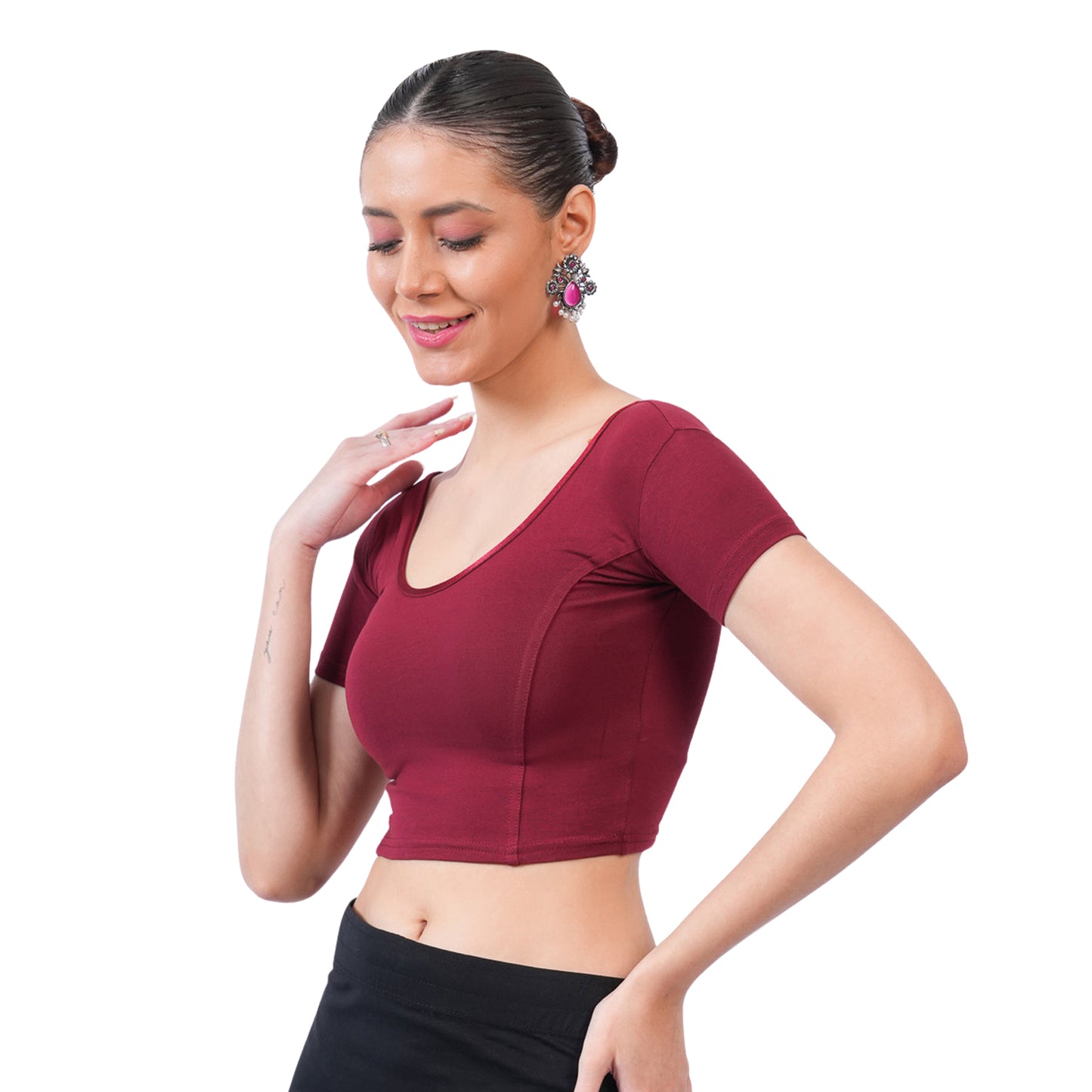 Vami Women's Cotton Stretchable Readymade Blouses - Dark Maroon
