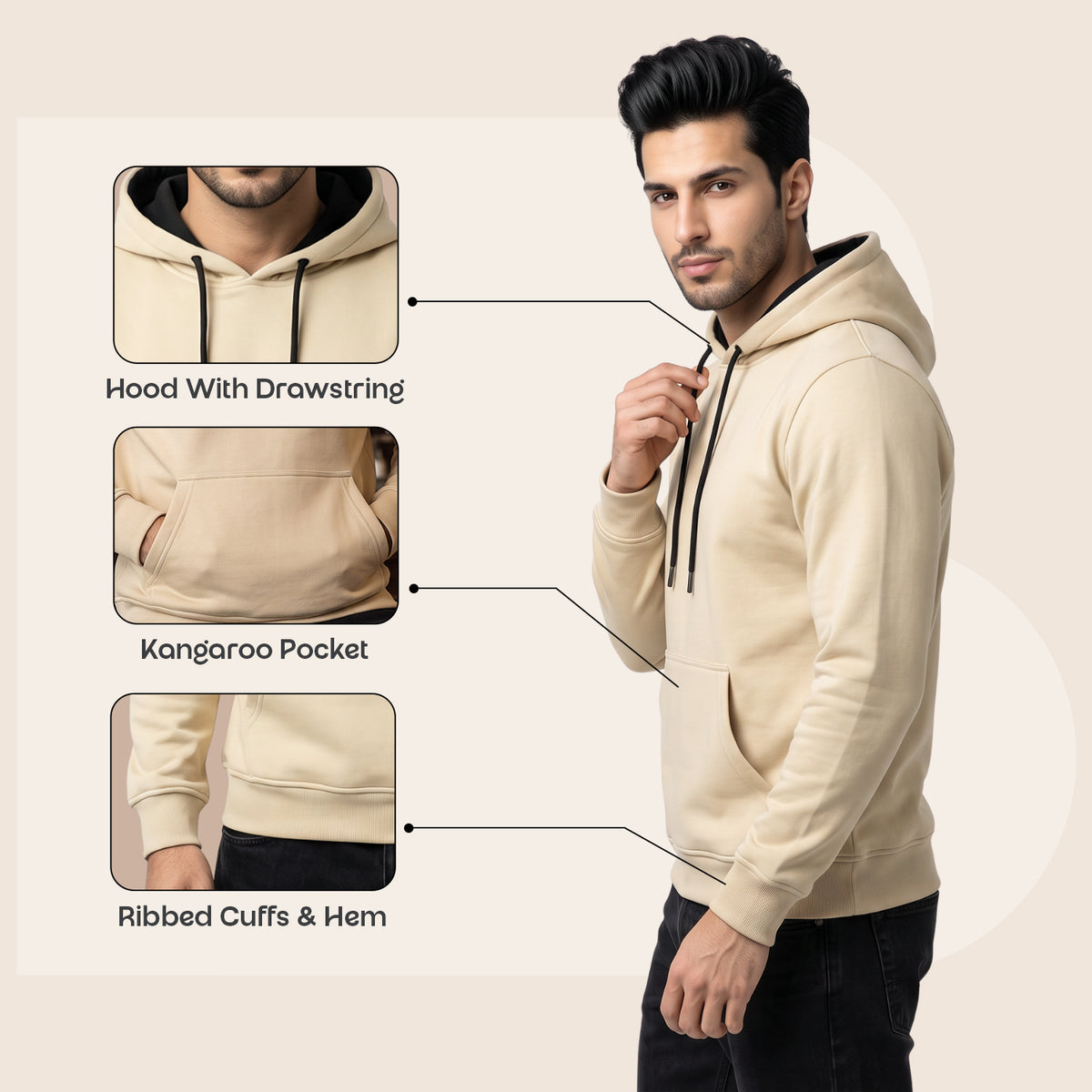 Men's Solid Beige Polyester Hoodie for Winter | Lightweight Pullover Sweatshirt with Hood, Black Drawstrings, Kangaroo Pocket & Full Sleeves