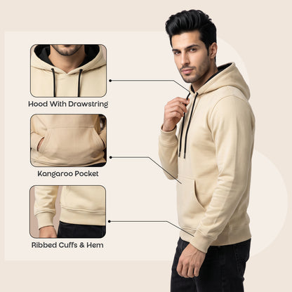 Men's Solid Beige Polyester Hoodie for Winter | Lightweight Pullover Sweatshirt with Hood, Black Drawstrings, Kangaroo Pocket & Full Sleeves