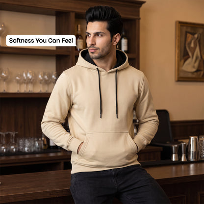 Men's Solid Beige Polyester Hoodie for Winter | Lightweight Pullover Sweatshirt with Hood, Black Drawstrings, Kangaroo Pocket & Full Sleeves