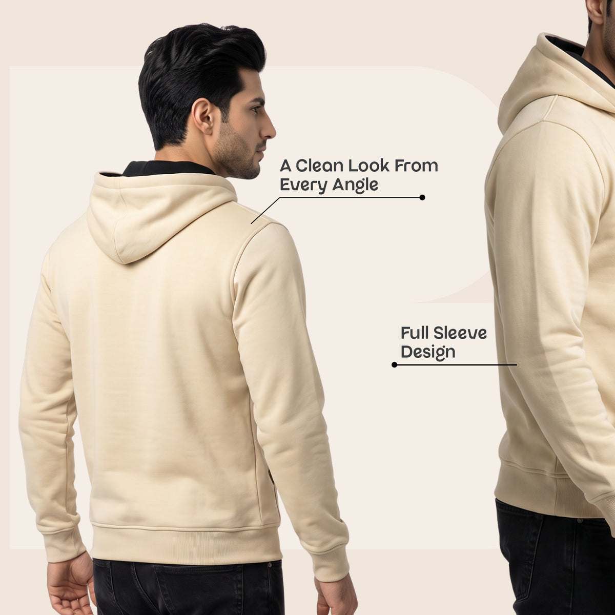 Men's Solid Beige Polyester Hoodie for Winter | Lightweight Pullover Sweatshirt with Hood, Black Drawstrings, Kangaroo Pocket & Full Sleeves