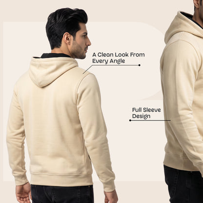 Men's Solid Beige Polyester Hoodie for Winter | Lightweight Pullover Sweatshirt with Hood, Black Drawstrings, Kangaroo Pocket & Full Sleeves