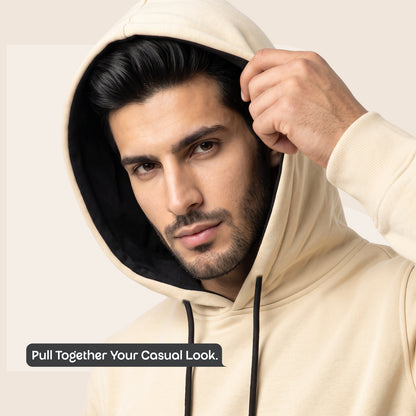 Men's Solid Beige Polyester Hoodie for Winter | Lightweight Pullover Sweatshirt with Hood, Black Drawstrings, Kangaroo Pocket & Full Sleeves