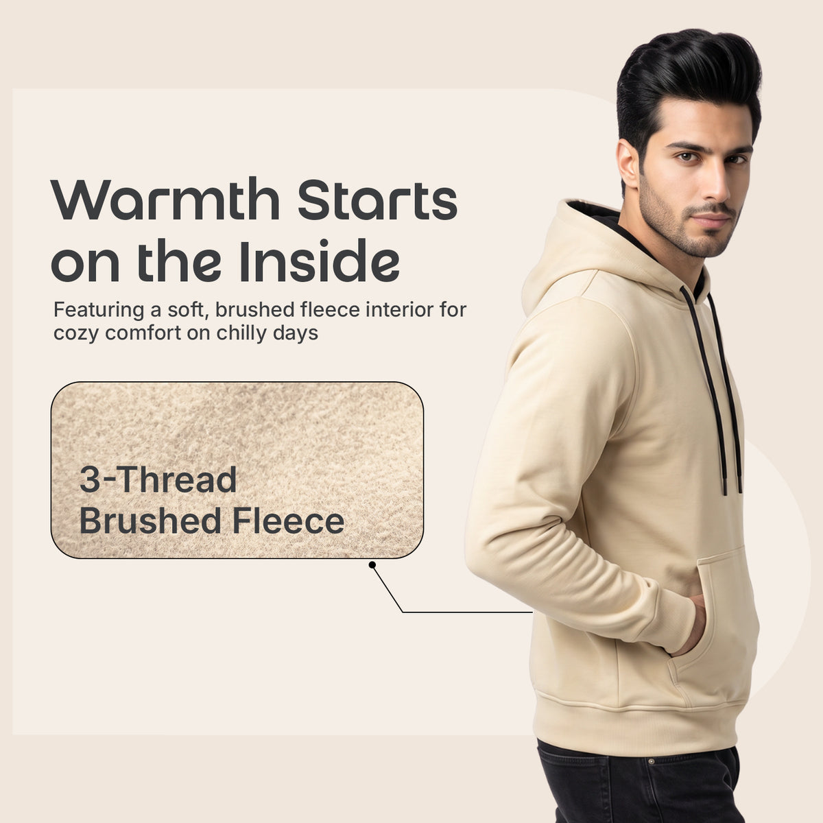 Men's Solid Beige Polyester Hoodie for Winter | Lightweight Pullover Sweatshirt with Hood, Black Drawstrings, Kangaroo Pocket & Full Sleeves