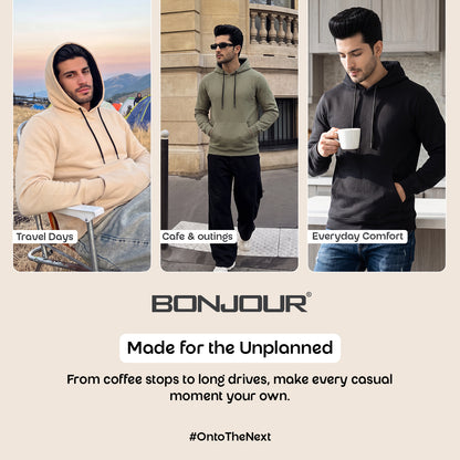 Men's Solid Beige Polyester Hoodie for Winter | Lightweight Pullover Sweatshirt with Hood, Black Drawstrings, Kangaroo Pocket & Full Sleeves