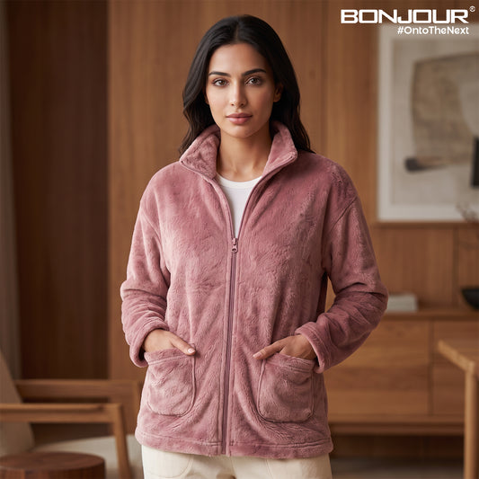 Bonjour Women’s Cotton Blend Winter Fleece Jacket | Soft Lightweight Warm Loungewear | Full-Zip Stand Collar.