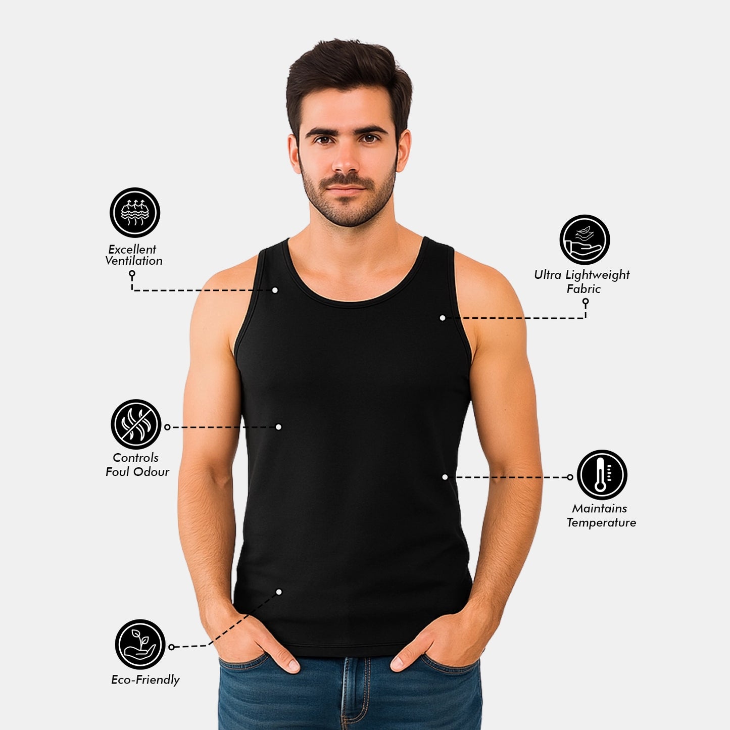 Bamboo Black Vest for Men (Pack of 1)