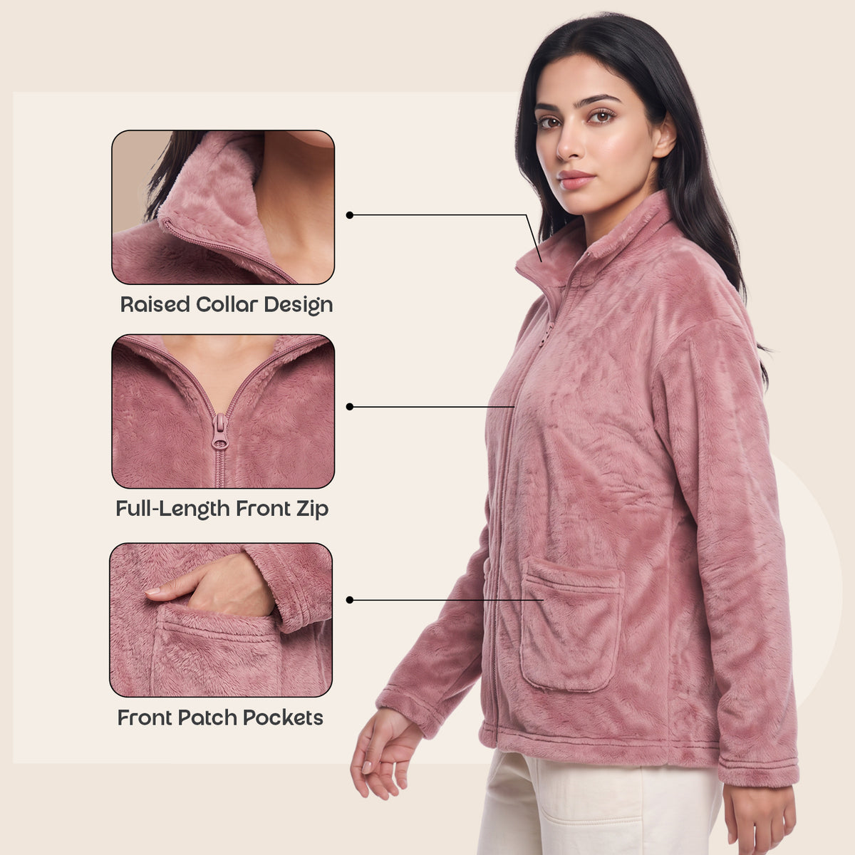 Bonjour Women’s 100 % polyester Winter Fleece Jacket | Soft Lightweight Warm Loungewear | Full-Zip Stand Collar.