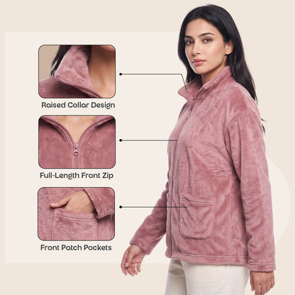 Bonjour Women’s 100 % polyester Winter Fleece Jacket | Soft Lightweight Warm Loungewear | Full-Zip Stand Collar.