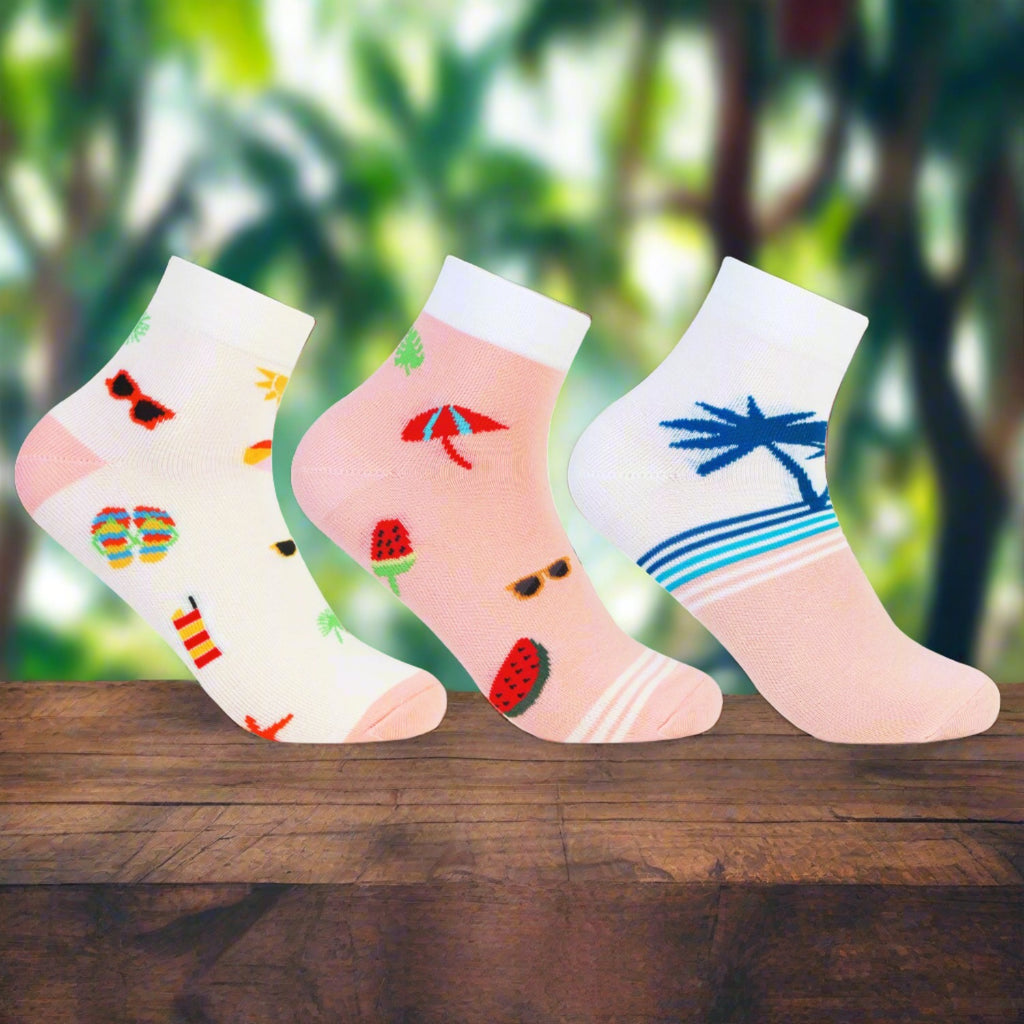 Summer Vibes Fun Prints Ankle Socks for Women - Pack of 3