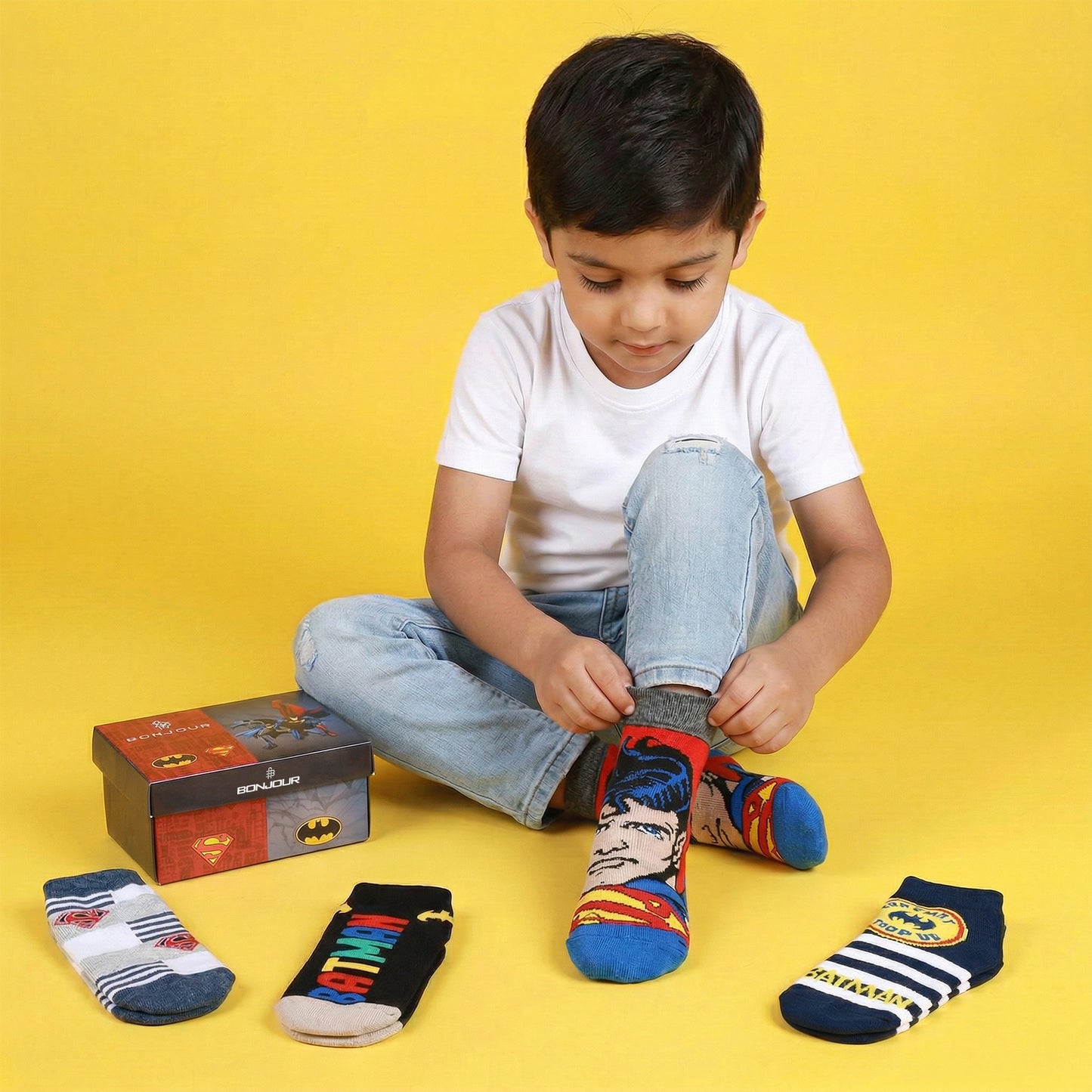Superman Batman Ankle-length Cotton Socks for Kids - Pack of 4