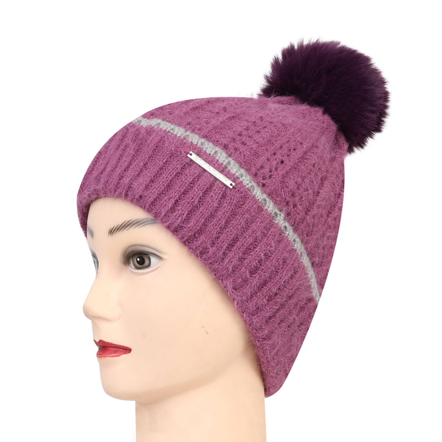 Women & Girls Pom-Pom Knitted Beanie Cap (Mouve)