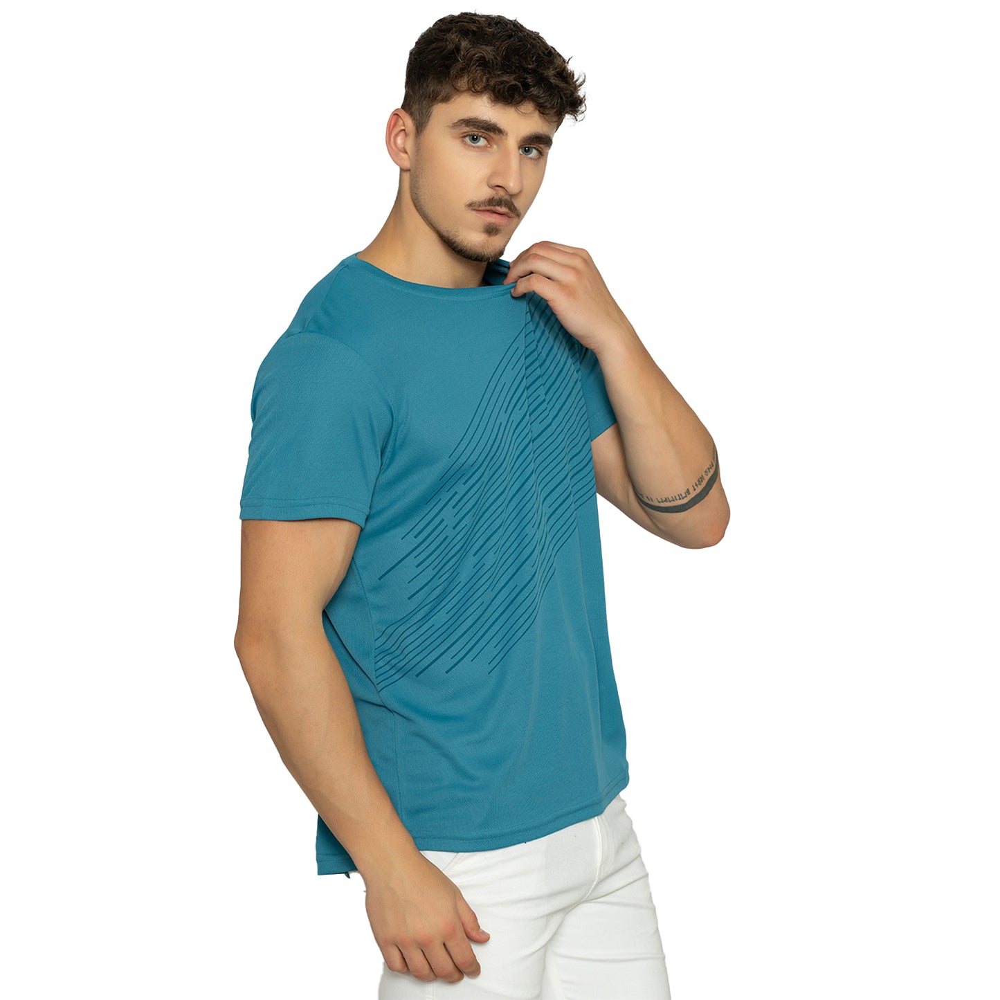 Men's Printed Round Neck T-Shirt - Steal Blue