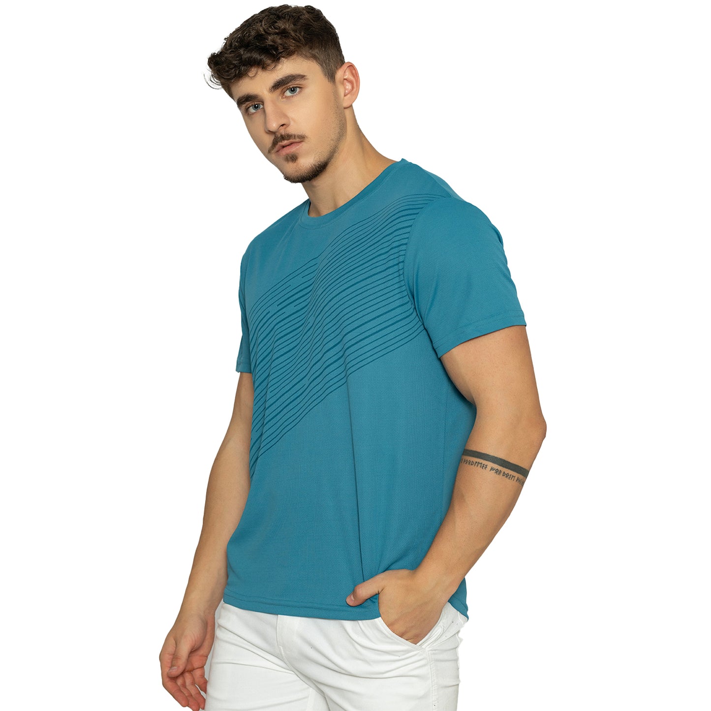 Men's Printed Round Neck T-Shirt - Steal Blue