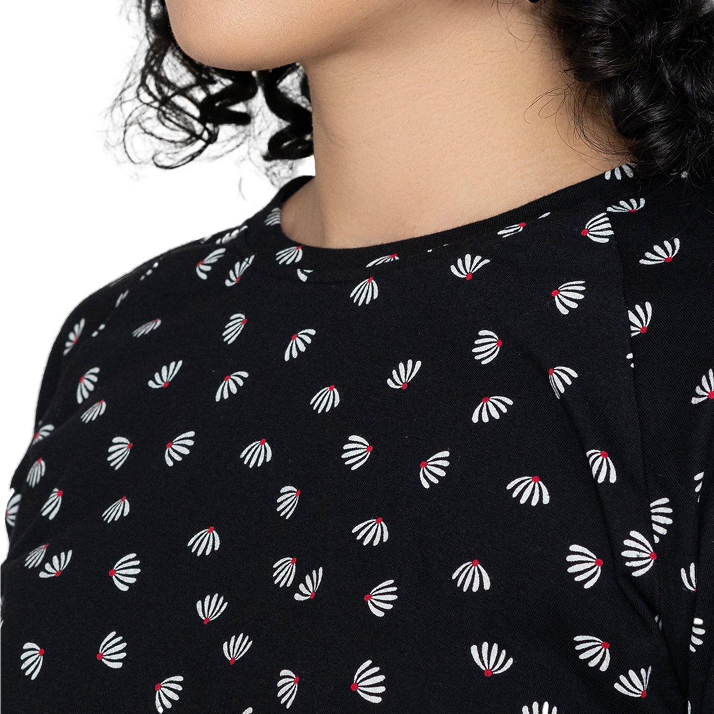 Women Round Neck Lounge Wear Printed Tee- Comfort Fit - Black