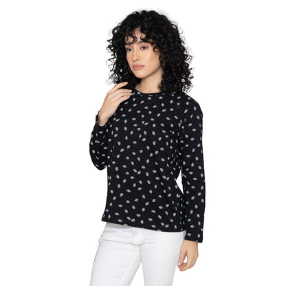 Women Round Neck Lounge Wear Printed Tee- Comfort Fit - Black