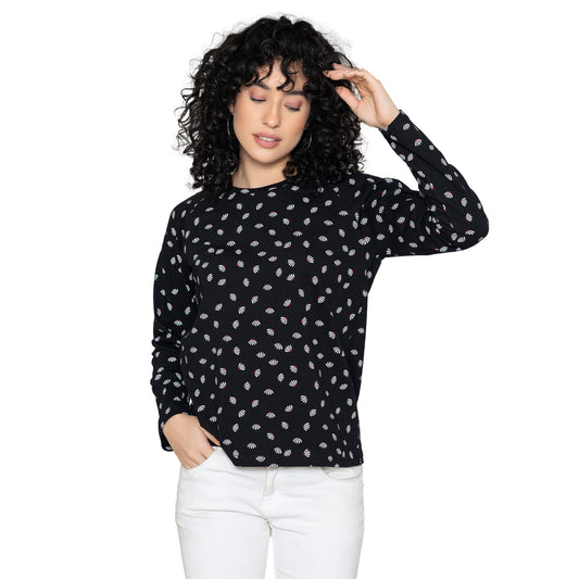 Women Round Neck Lounge Wear Printed Tee- Comfort Fit - Black