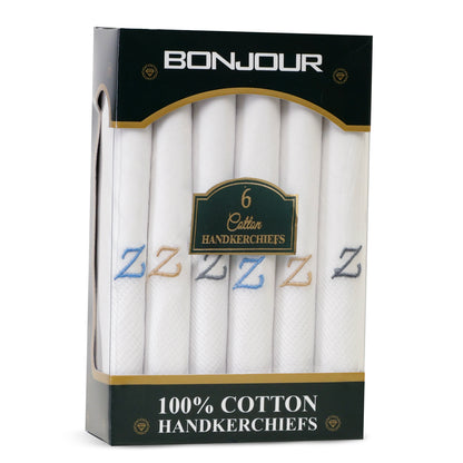 Men's White Cotton Handkerchief With Alphabet Z Initial (Pack of 6)