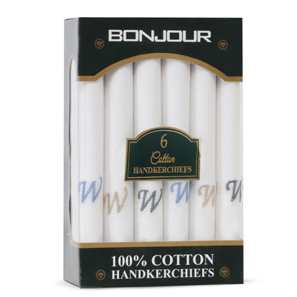 Men's White Cotton Handkerchief With Alphabet W Initial (Pack of 6)