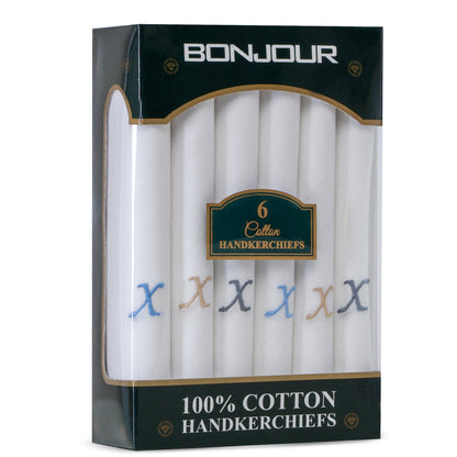 Men's White Cotton Handkerchief With Alphabet X Initial (Pack of 6)