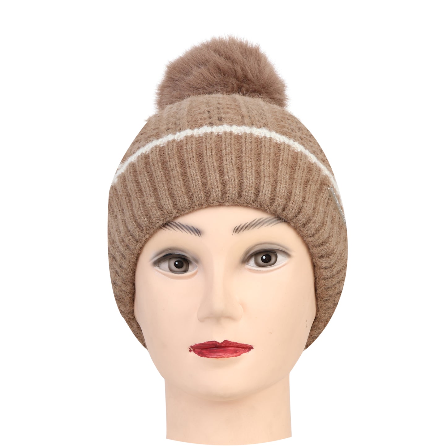 Women & Girls Pom-Pom Knitted Beanie Cap (Brown)