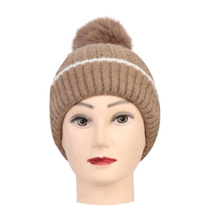 Women & Girls Pom-Pom Knitted Beanie Cap (Brown)