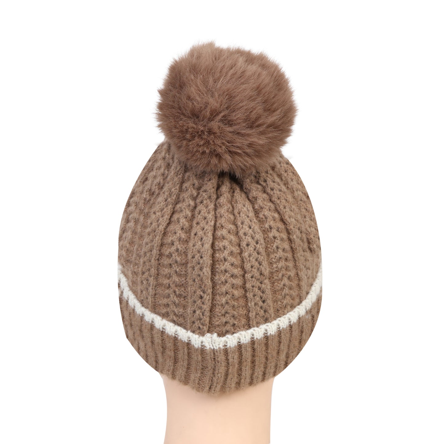 Women & Girls Pom-Pom Knitted Beanie Cap (Brown)