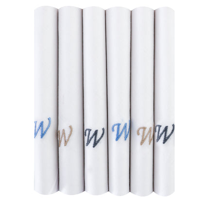 Men's White Cotton Handkerchief With Alphabet W Initial (Pack of 6)