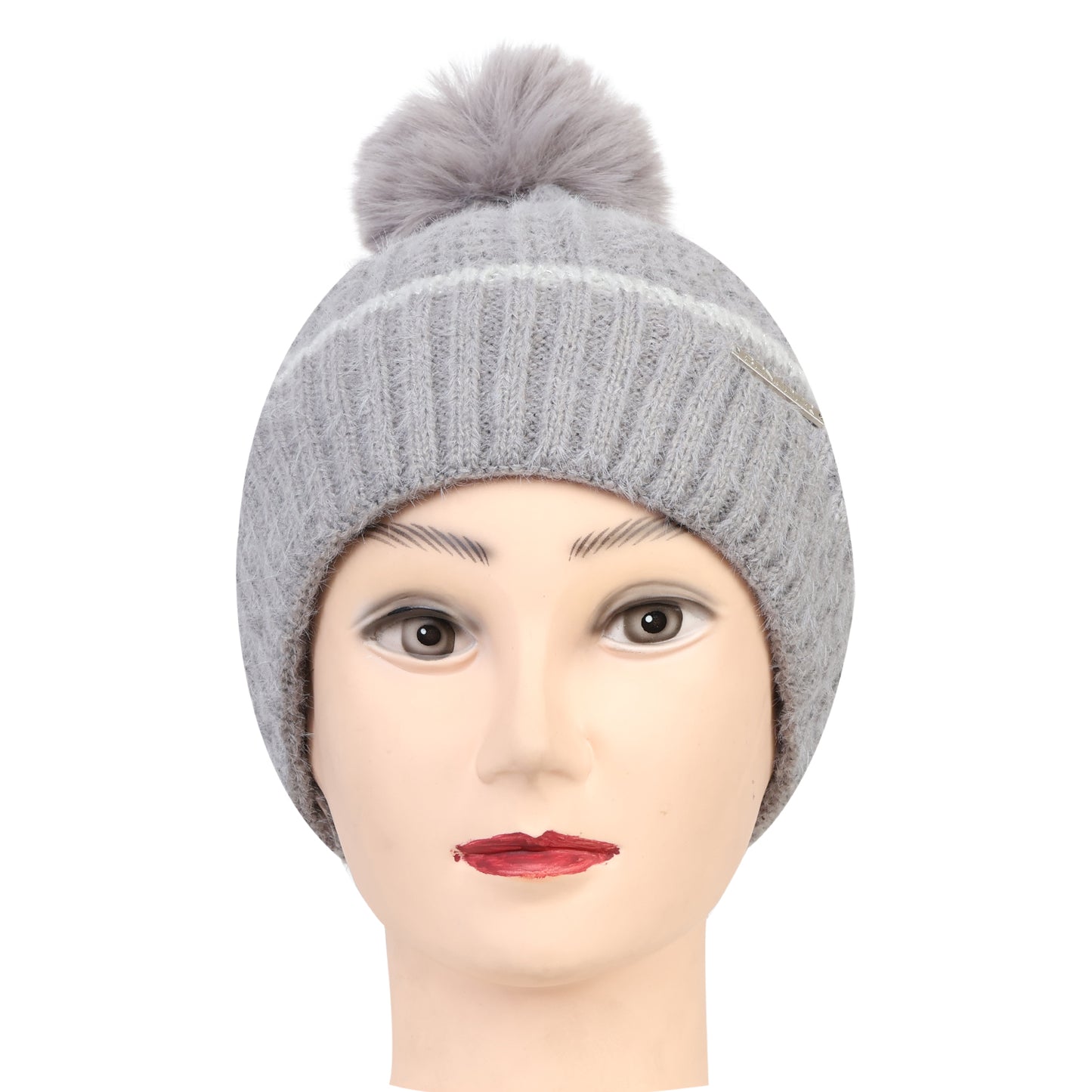 Women & Girls Pom-Pom Knitted Beanie Cap (Lt.Grey)