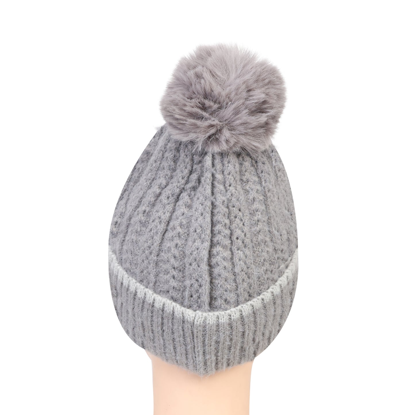 Women & Girls Pom-Pom Knitted Beanie Cap (Lt.Grey)